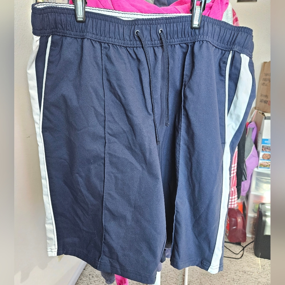 Navy Blue Athletic Shorts with White Stripes